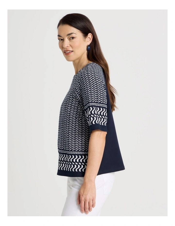 Raglan Sleeve Woven Front/Knit Back Tee In Navy/ White Border Print image 2