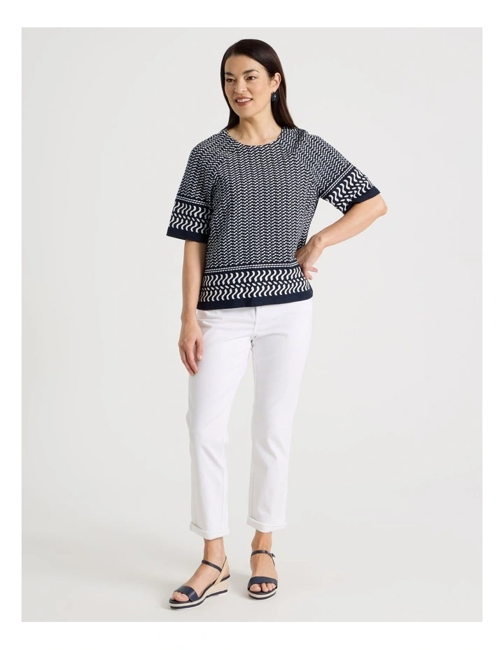 Raglan Sleeve Woven Front/Knit Back Tee In Navy/ White Border Print image 3