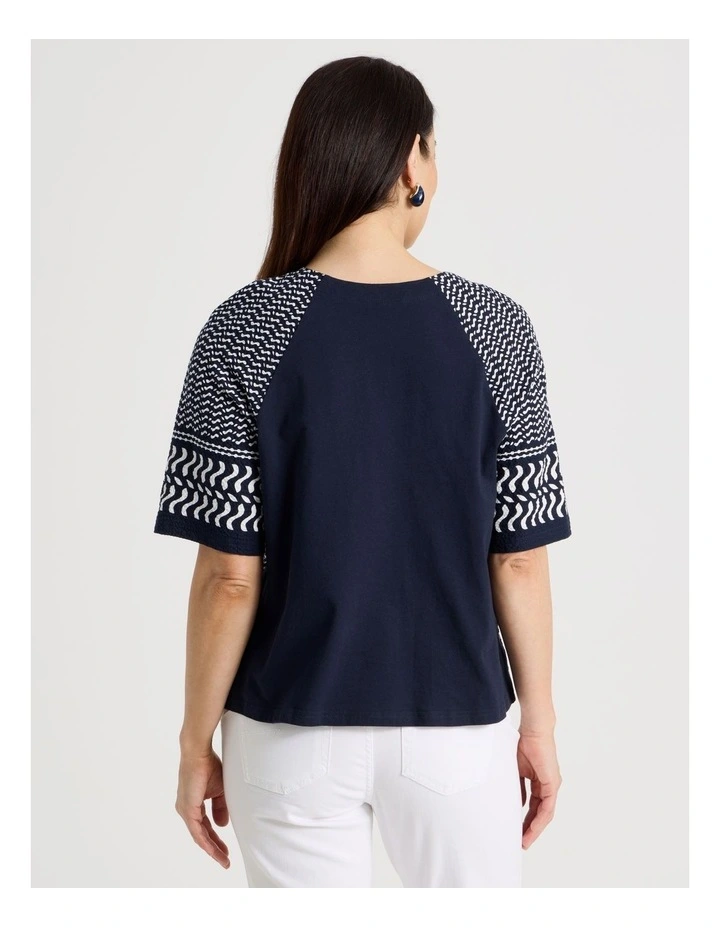 Raglan Sleeve Woven Front/Knit Back Tee In Navy/ White Border Print image 6