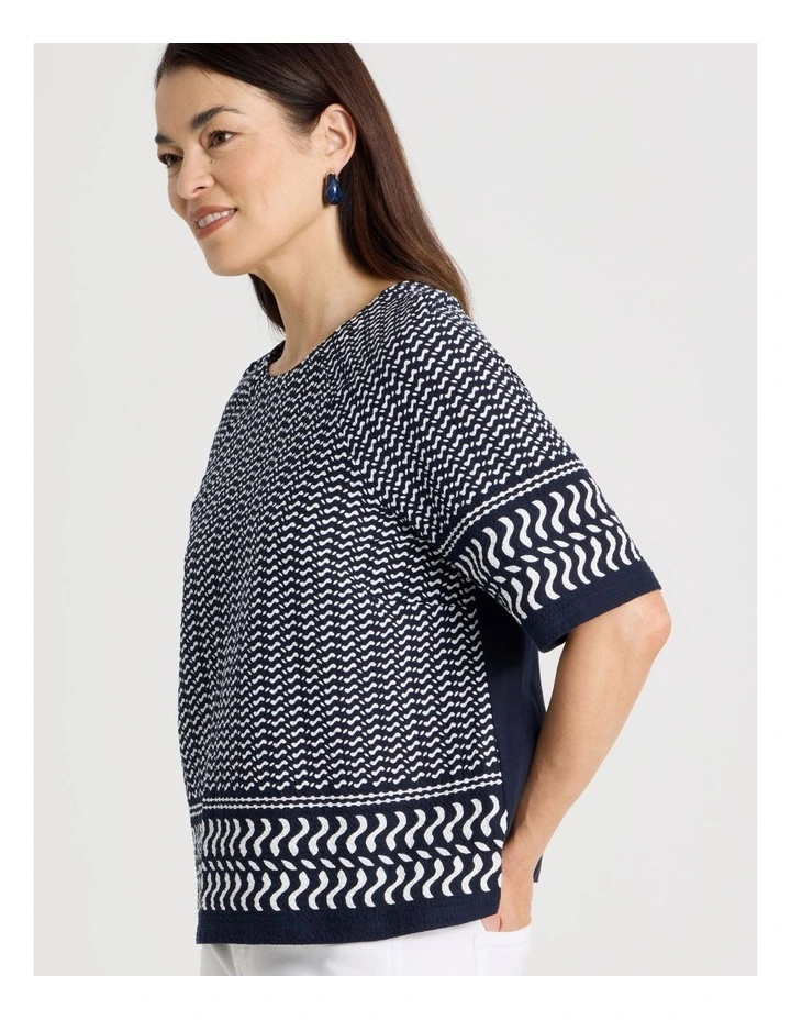 Raglan Sleeve Woven Front/Knit Back Tee In Navy/ White Border Print image 7