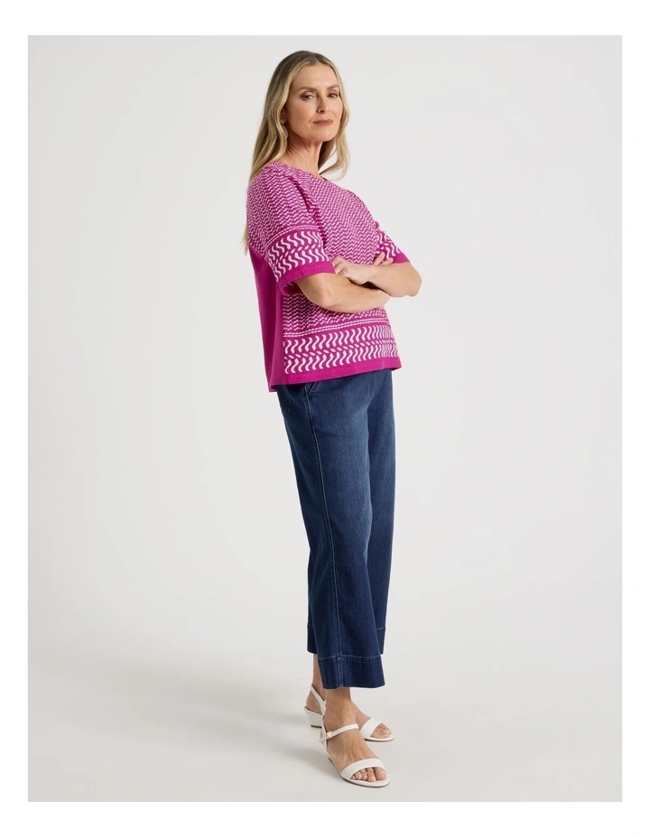 Raglan Sleeve Woven Front, Knit Back Tee in Hot Pink and White Border Print image 2