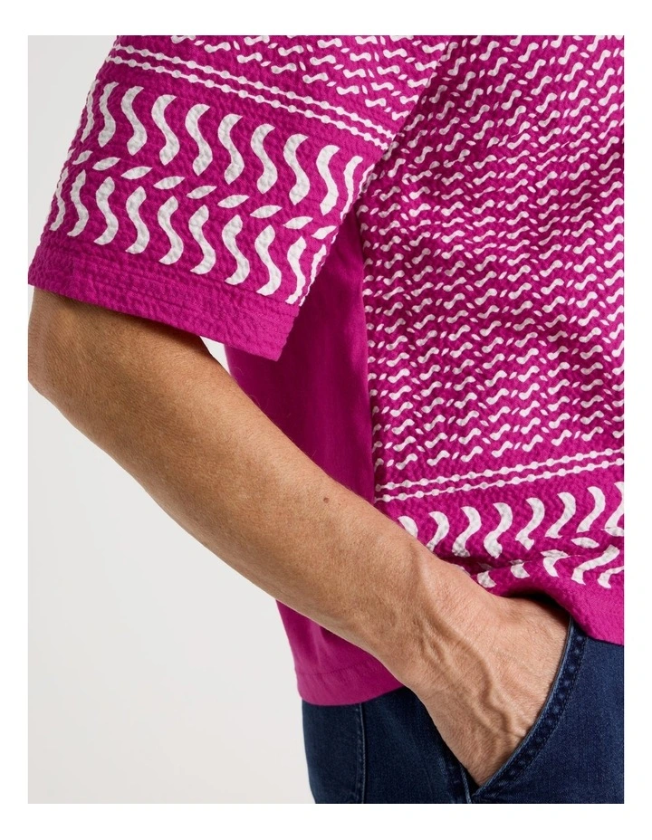 Raglan Sleeve Woven Front, Knit Back Tee in Hot Pink and White Border Print image 4