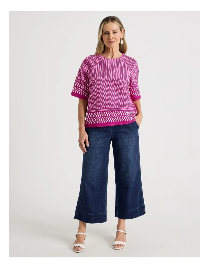 Raglan Sleeve Woven Front, Knit Back Tee in Hot Pink and White Border Print image 5