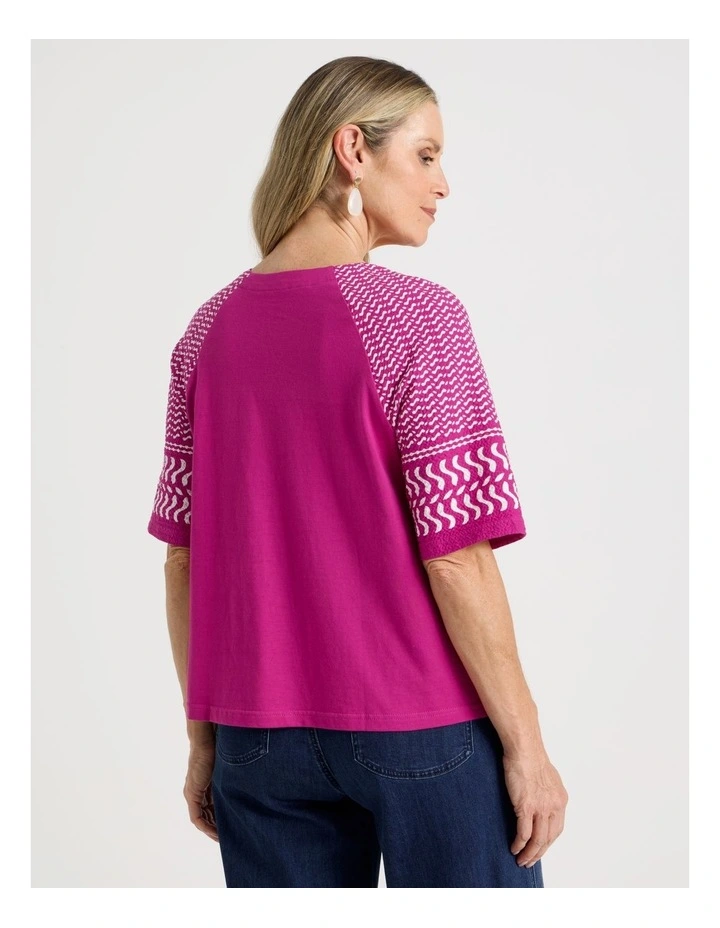 Raglan Sleeve Woven Front, Knit Back Tee in Hot Pink and White Border Print image 6