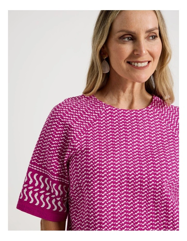 Raglan Sleeve Woven Front, Knit Back Tee in Hot Pink and White Border Print image 7