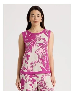 Sleeveless Shell Top With Solid Contrasts in Neutral/Hot Pink Print