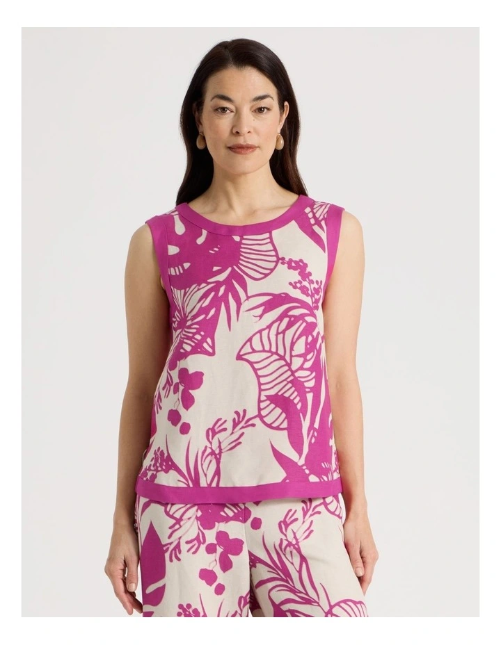 Sleeveless Shell Top With Solid Contrasts in Neutral/Hot Pink Print image 1
