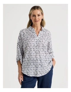 Rolled Sleeve Pop Over Shirt in Tile Print