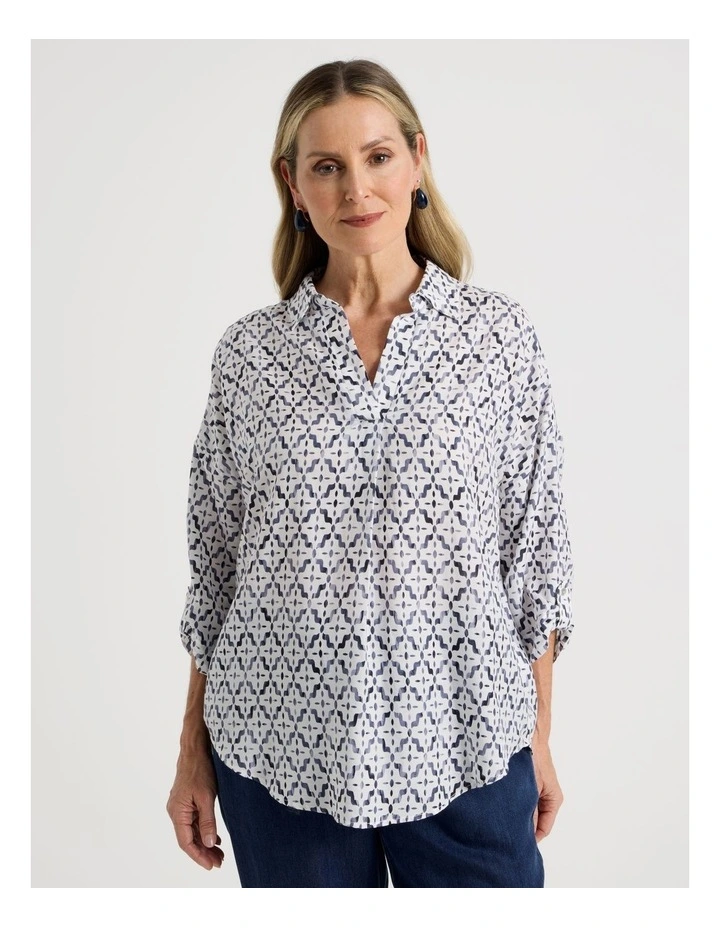 Rolled Sleeve Pop Over Shirt in Tile Print image 5