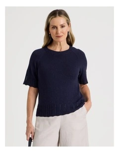 Raglan Short Sleeve Knitted Top with Pointelle Ribs in Navy