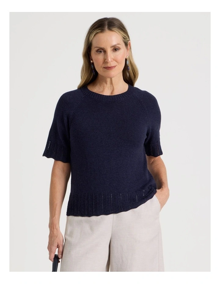 Raglan Short Sleeve Knitted Top with Pointelle Ribs in Navy image 1