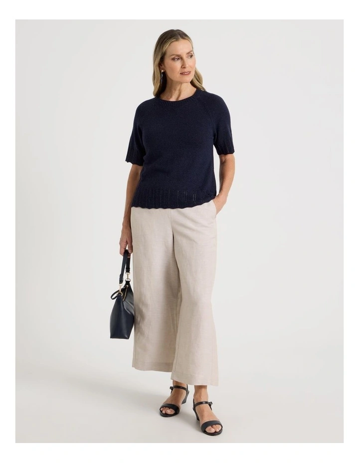 Raglan Short Sleeve Knitted Top with Pointelle Ribs in Navy image 2