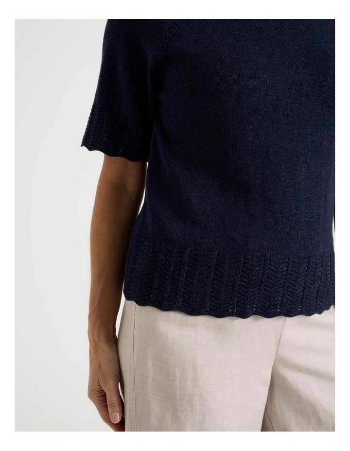Raglan Short Sleeve Knitted Top with Pointelle Ribs in Navy image 3
