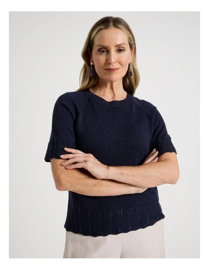 Raglan Short Sleeve Knitted Top with Pointelle Ribs in Navy image 5