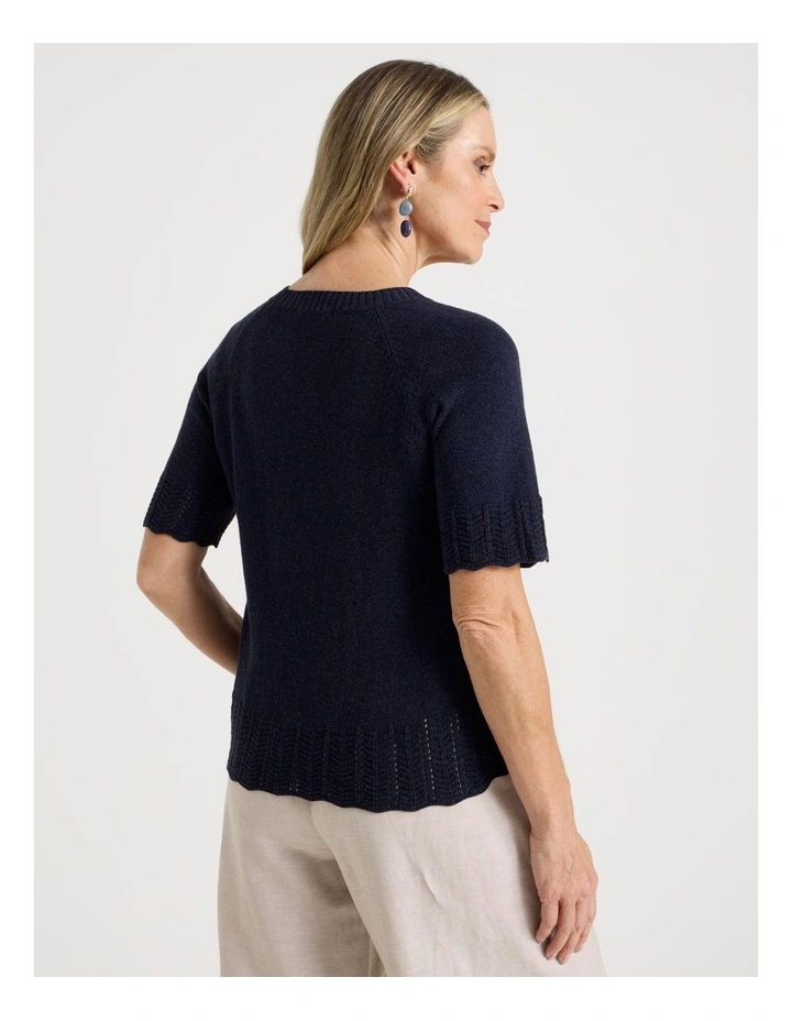Raglan Short Sleeve Knitted Top with Pointelle Ribs in Navy image 6