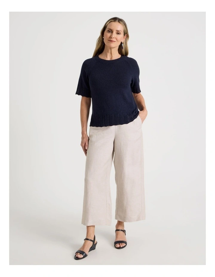 Raglan Short Sleeve Knitted Top with Pointelle Ribs in Navy image 7