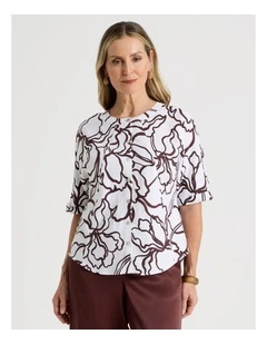 Spliced Front, Pleat Back Stand Neck Shirt in White, Brown and Black Enlarged Floral Print