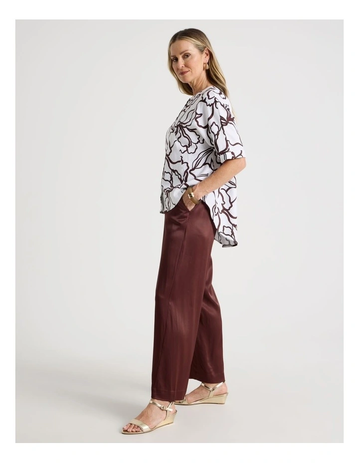 Spliced Front, Pleat Back Stand Neck Shirt in White, Brown and Black Enlarged Floral Print image 2
