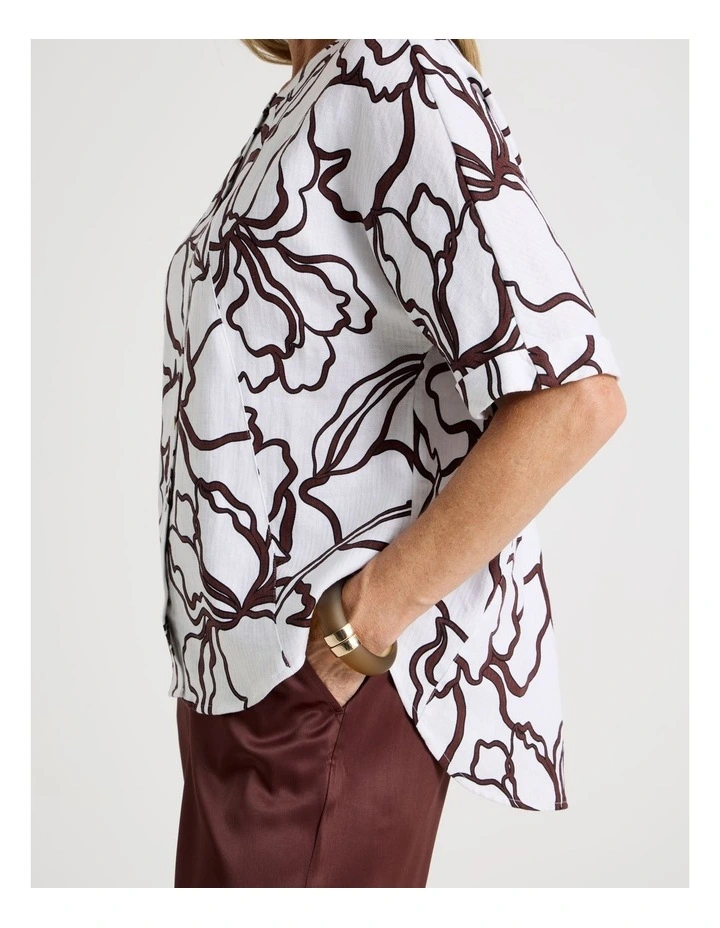 Spliced Front, Pleat Back Stand Neck Shirt in White, Brown and Black Enlarged Floral Print image 4