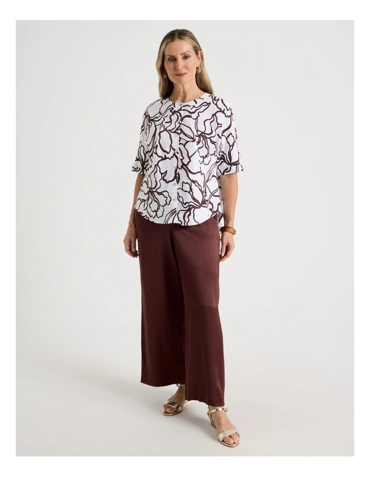 Spliced Front, Pleat Back Stand Neck Shirt in White, Brown and Black Enlarged Floral Print image 5