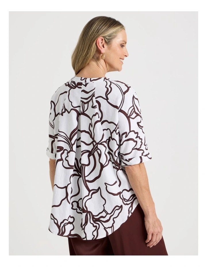 Spliced Front, Pleat Back Stand Neck Shirt in White, Brown and Black Enlarged Floral Print image 6