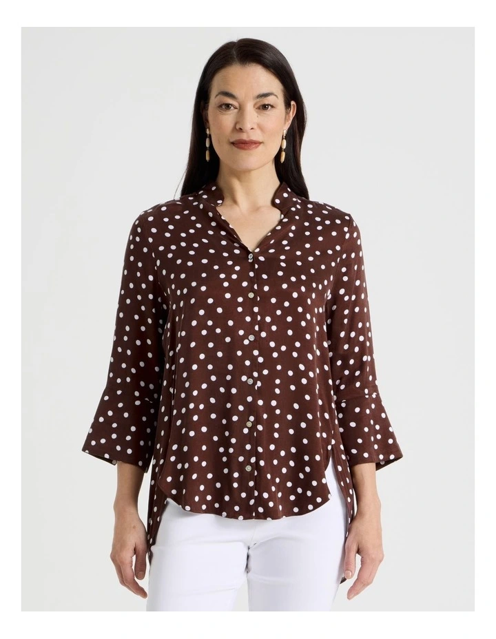 3/4 Sleeve Shirt With Curved Hem & Splits in Brown/White Spot Print image 1