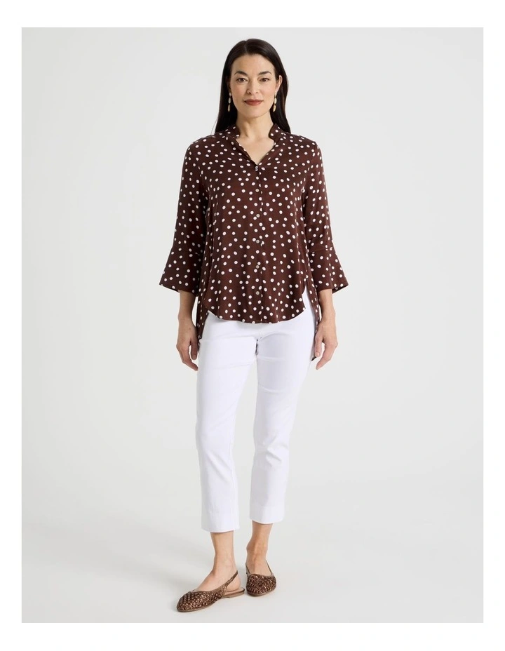 3/4 Sleeve Shirt With Curved Hem & Splits in Brown/White Spot Print image 3