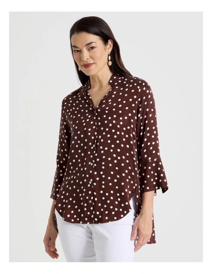 3/4 Sleeve Shirt With Curved Hem & Splits in Brown/White Spot Print image 4