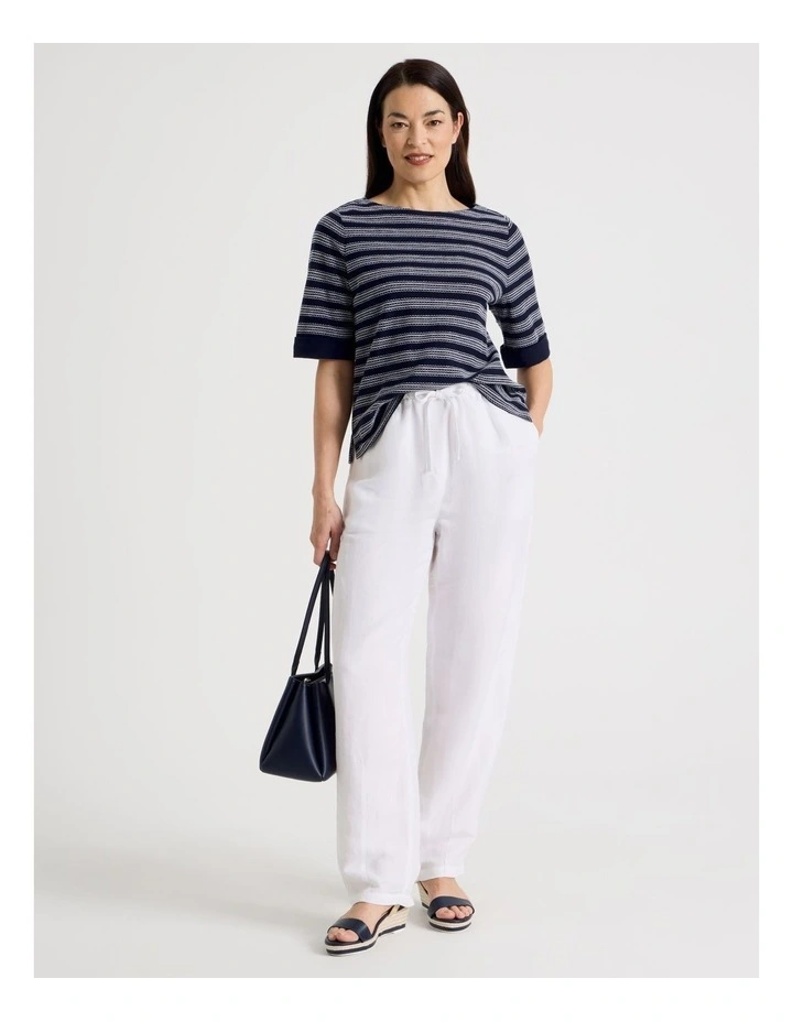 Short Sleeve Boat Neck Tee With Cuff in Navy/White Embroidered Stripe image 2