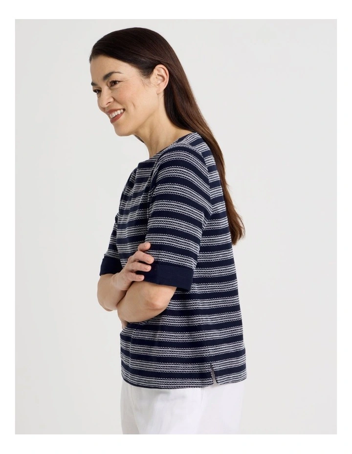 Short Sleeve Boat Neck Tee With Cuff in Navy/White Embroidered Stripe image 3