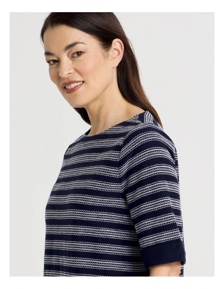 Short Sleeve Boat Neck Tee With Cuff in Navy/White Embroidered Stripe image 4