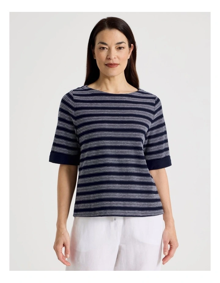 Short Sleeve Boat Neck Tee With Cuff in Navy/White Embroidered Stripe image 5