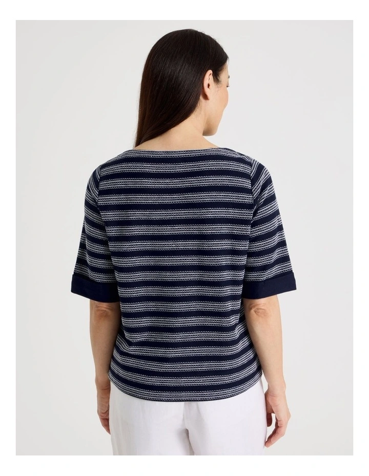 Short Sleeve Boat Neck Tee With Cuff in Navy/White Embroidered Stripe image 6