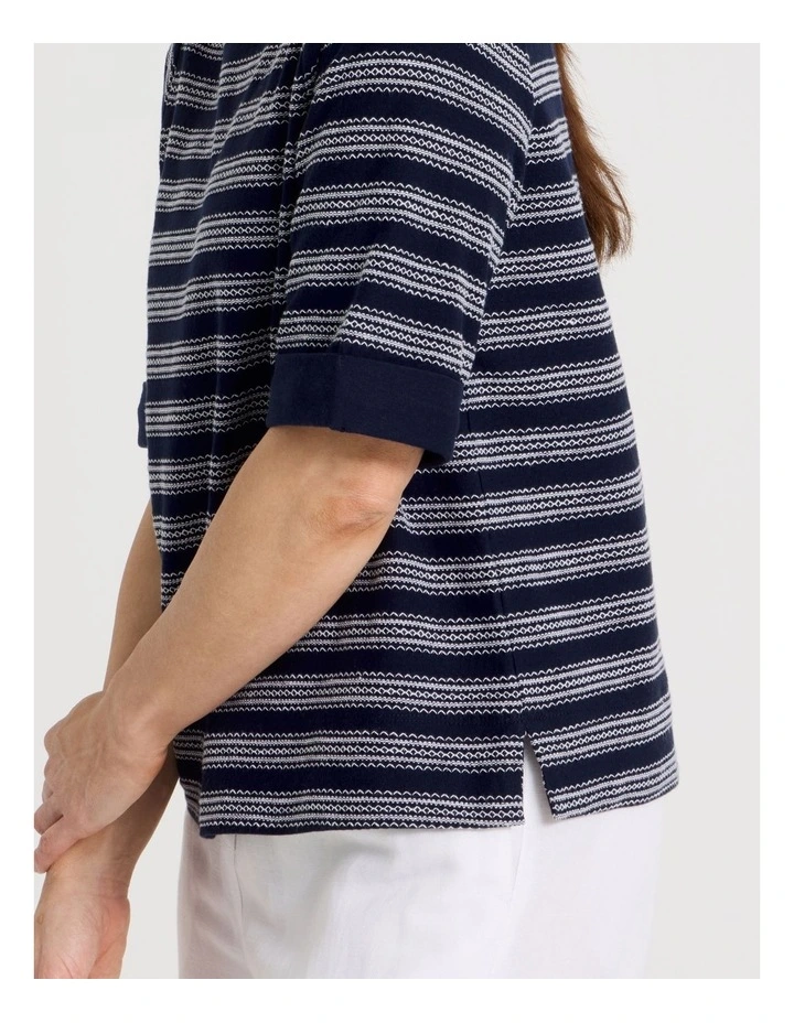 Short Sleeve Boat Neck Tee With Cuff in Navy/White Embroidered Stripe image 7