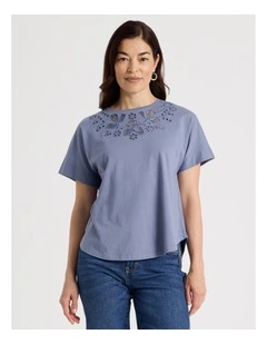 Extended Short Sleeve Tee With Embroidery At Neck in Stonewash Blue