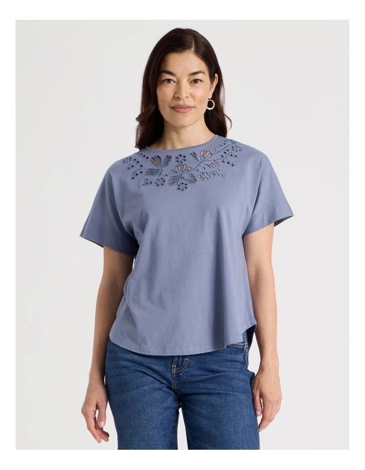 Extended Short Sleeve Tee With Embroidery At Neck in Stonewash Blue image 1