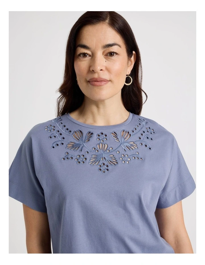 Extended Short Sleeve Tee With Embroidery At Neck in Stonewash Blue image 2