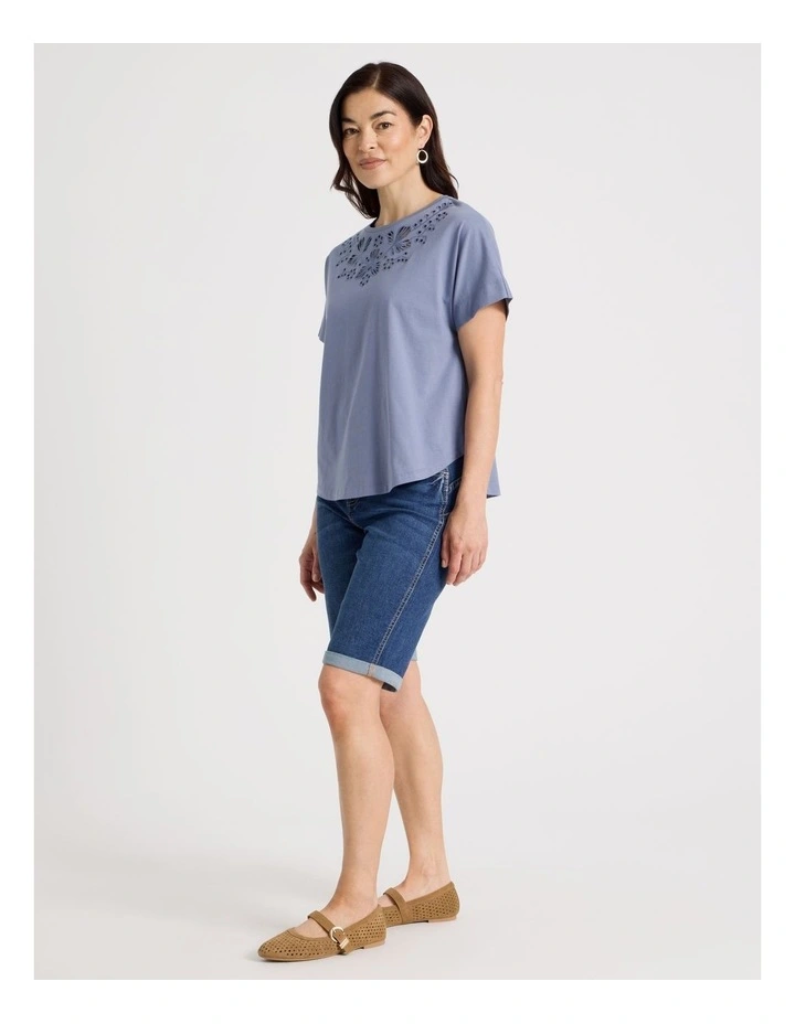 Extended Short Sleeve Tee With Embroidery At Neck in Stonewash Blue image 3