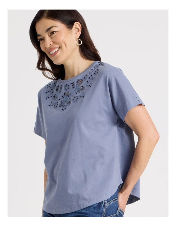 Extended Short Sleeve Tee With Embroidery At Neck in Stonewash Blue image 4