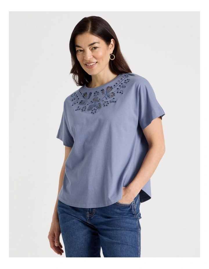 Extended Short Sleeve Tee With Embroidery At Neck in Stonewash Blue image 5