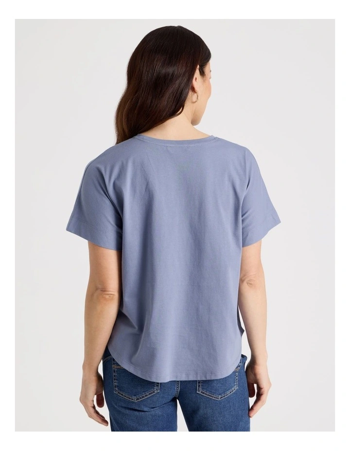 Extended Short Sleeve Tee With Embroidery At Neck in Stonewash Blue image 6