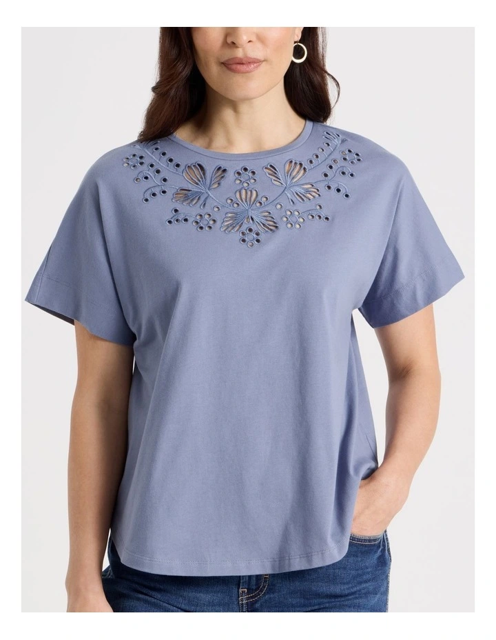 Extended Short Sleeve Tee With Embroidery At Neck in Stonewash Blue image 7