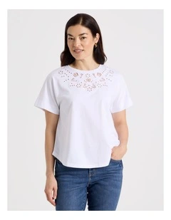 Extended Short Sleeve Tee With Embroidery At Neck in White