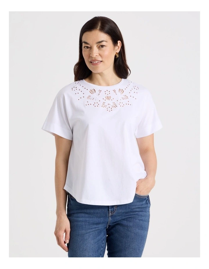 Extended Short Sleeve Tee With Embroidery At Neck in White image 1