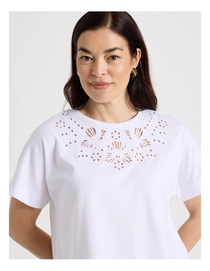 Extended Short Sleeve Tee With Embroidery At Neck in White image 2