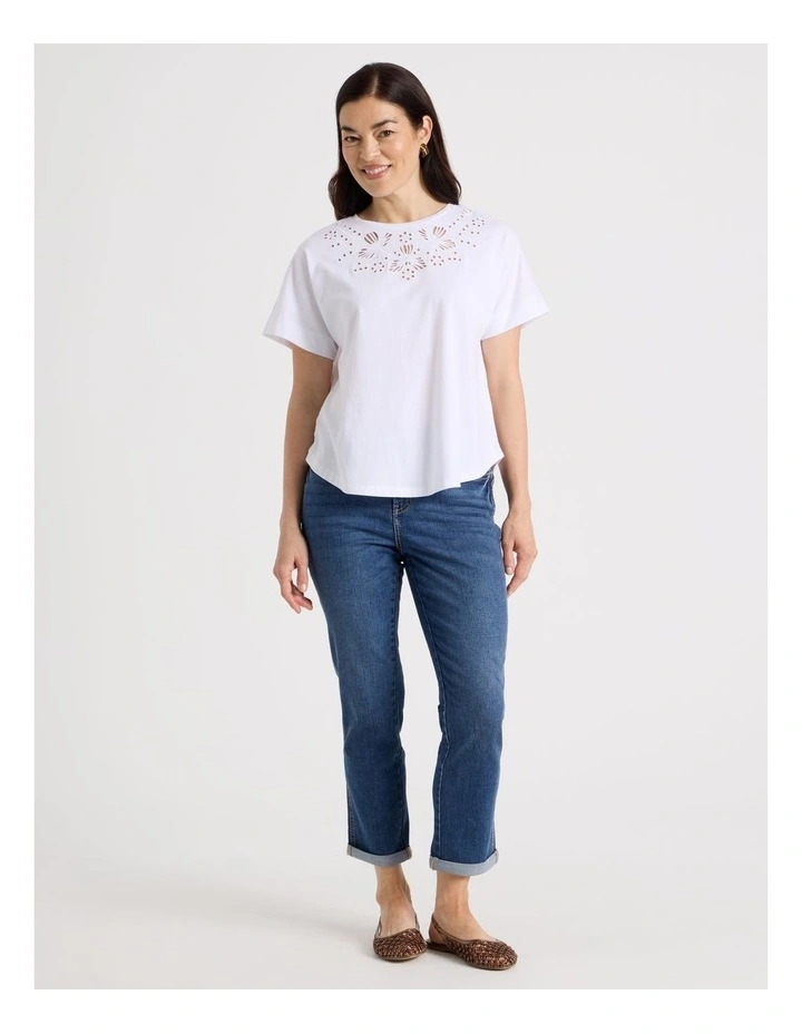 Extended Short Sleeve Tee With Embroidery At Neck in White image 3
