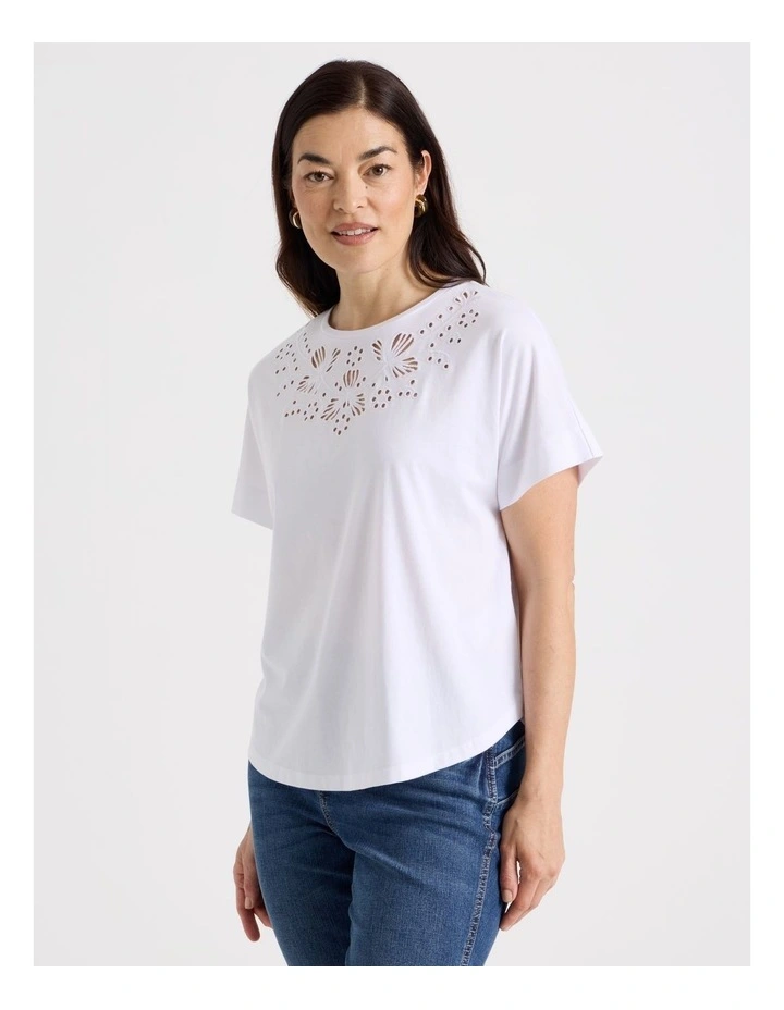 Extended Short Sleeve Tee With Embroidery At Neck in White image 4