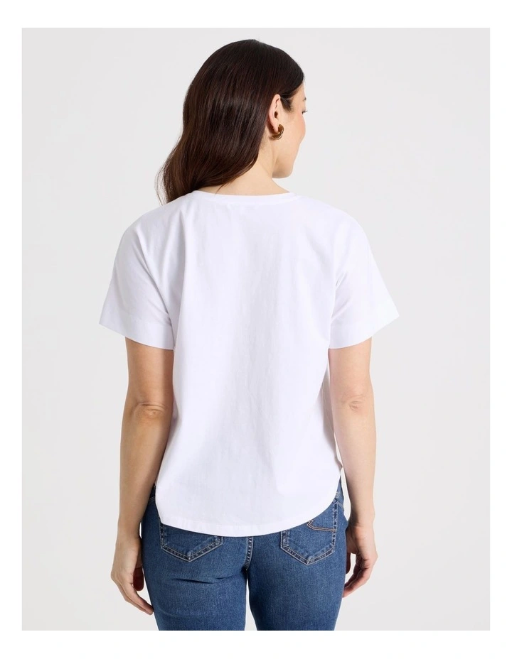 Extended Short Sleeve Tee With Embroidery At Neck in White image 5