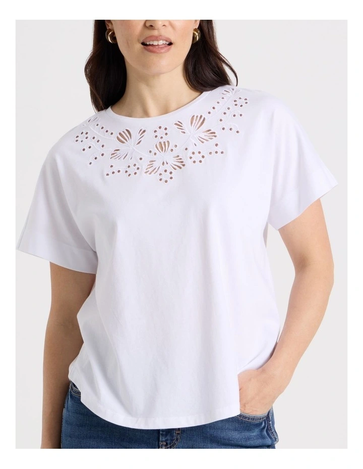 Extended Short Sleeve Tee With Embroidery At Neck in White image 6