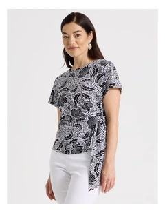 Tie Side Short Sleeve Tee in Black/White Floral